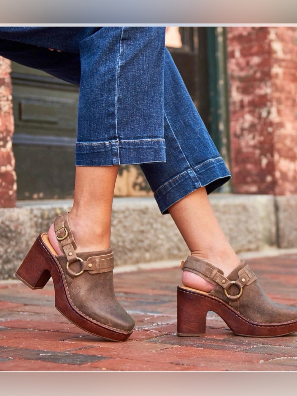 BORN Hudson Women’s 9M Brown Leather Platform Slingback Clogs Chunky Heel